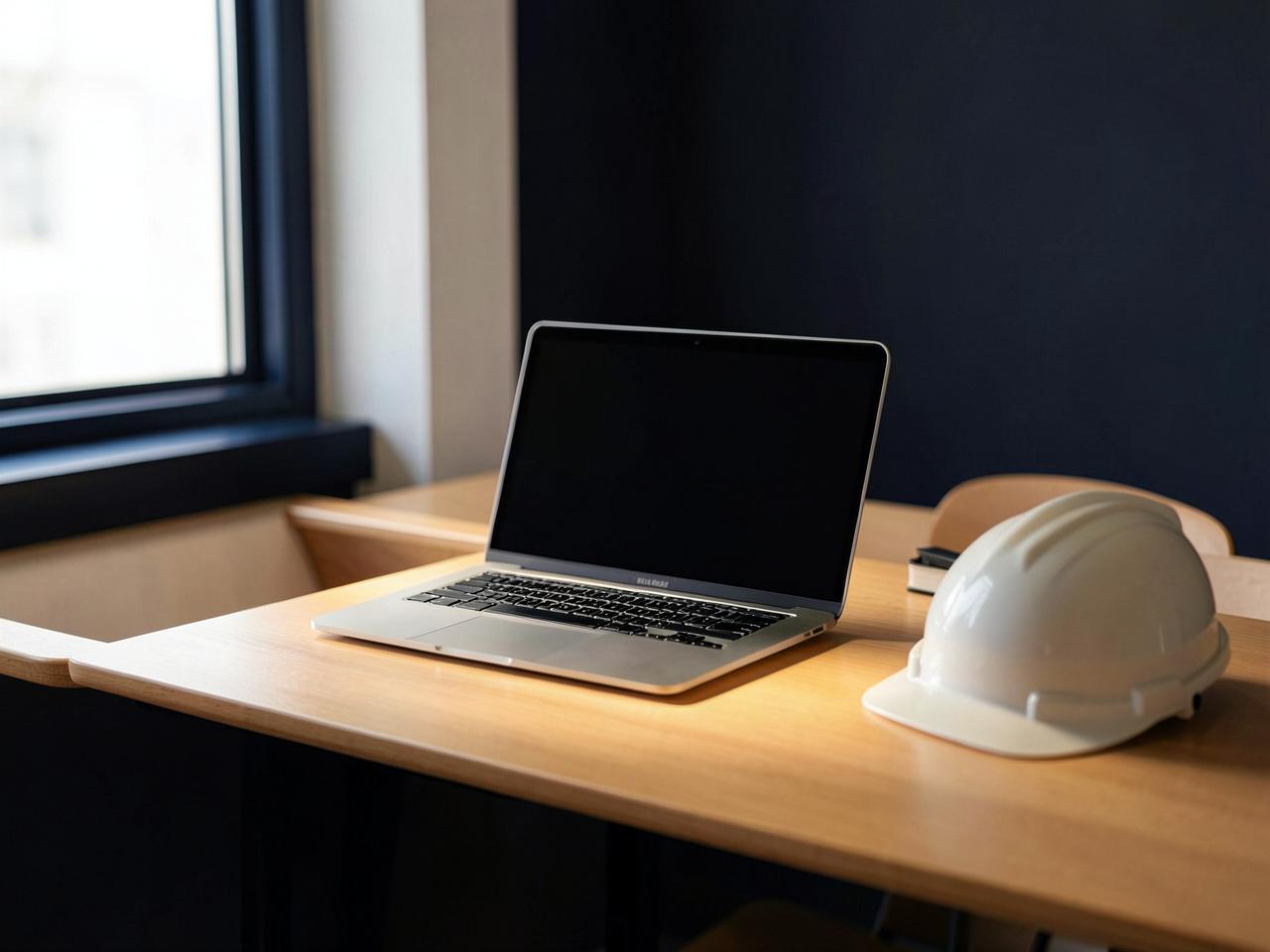 Laptop met veiligheidshelm op een bureau bij daglicht