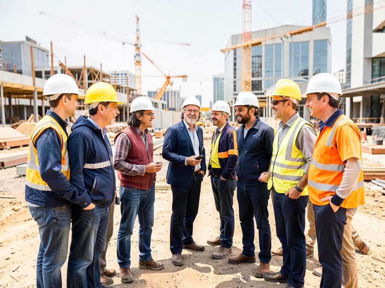 Collega's van verschillende nationaliteiten in gesprek op een bouwlocatie